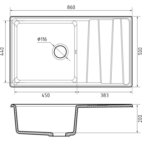 LV-860L topaz 1-чаша+крыло 860*500 мм, монтаж: врезной, материал: мрамор, цвет: топаз