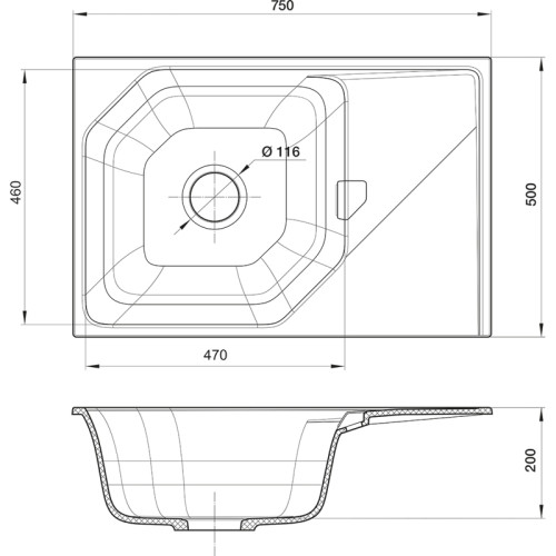RIVELATO Мойка LOCUS 75  1-чаш 750*500, монтаж: врезной, материал: кварц, цвет: иней