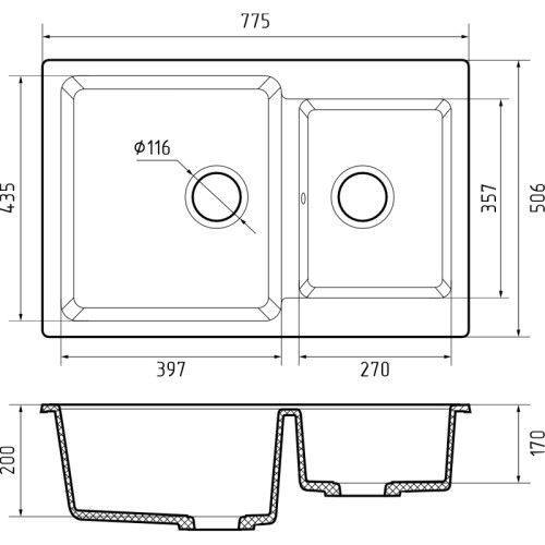 P-780K graphite 2-чаши 775*506 мм, монтаж: врезной, материал: мрамор, цвет графит