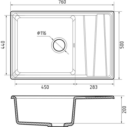 LV-760L graphite 1-чаша+крыло 760*500 мм, монтаж: врезной, материал: мрамор, цвет: графит