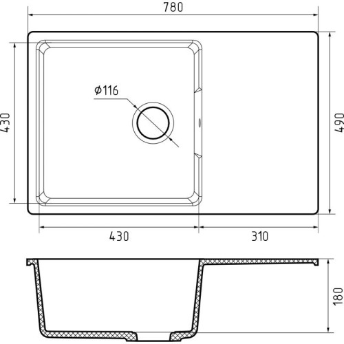 URBAN 678L dark gray 1-чаша+крыло 780*490мм, монтаж: врезной, материал: кварц, цвет: темно-серый URBAN 678L dark gray 1-чаша+крыло 780*490мм, монтаж: врезной, материал: кварц, цвет: темно-серый