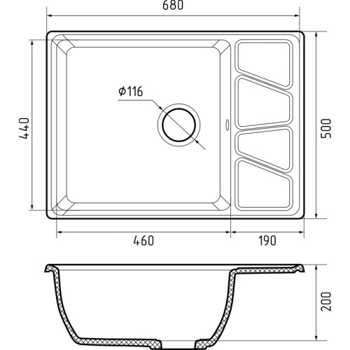 V-680L graphite 1-чаша+крыло 680*500 мм, монтаж: врезной, материал: мрамор, цвет: графит