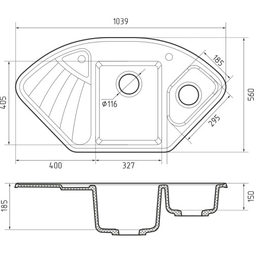 C-1040E gray 2-чаши+крыло 1039*560 мм, монтаж: врезной, материал: мрамор, цвет серый