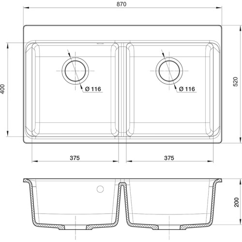 RIVELATO Мойка AXEL 90-2D  2-чаши 870*520мм, монтаж: врезной, материал: кварц, цвет: черный