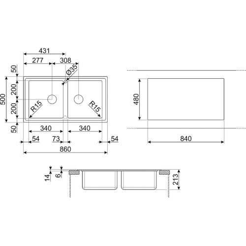 Мойка Smeg/ Мойка Smeg, сварная, из нержавеющей стали, серия Mira, 86 см, ультранизкий профиль, 2 отверстия для смесителя, толщина рамки 0.7 мм, толщина чаши 1 мм, оборачиваемая, 2 чаши
