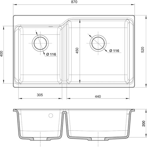RIVELATO Мойка AXEL 90D  2-чаши 870*520мм, монтаж: врезной, материал: кварц, цвет: черный
