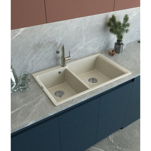 RIVELATO Мойка AXEL 90D 2-чаши 870*520мм, монтаж: врезной, материал: кварц, цвет: темно-бежевый RIVELATO Мойка AXEL 90D 2-чаши 870*520мм, монтаж: врезной, материал: кварц, цвет: темно-бежевый