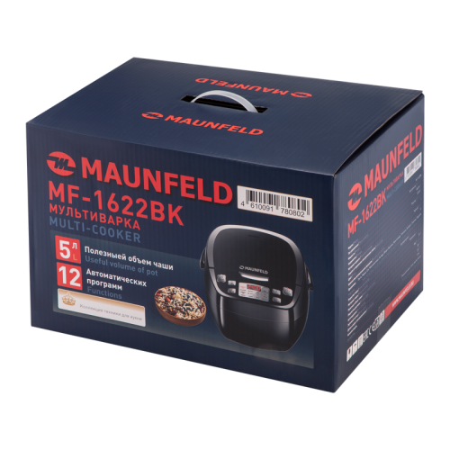 Мультиварка MAUNFELD/ Мультиварка MAUNFELD MF-1622BK, мощность 860 Вт, электронное управление, 12 автоматических программ, антипригарное покрытие чаши, объем чаши 5 л, дисплей, отсрочка старта, приготовление на пару, цвет черный