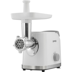 Мясорубка Gorenje MG1802SJW Мясорубка Gorenje, мощность 1800 Вт, производительность 2.1 кг/мин, реверс, толкатель, 2 диска, насадка для колбасок, защита от перегрева, цвет белый