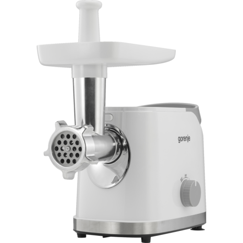 Мясорубка Gorenje MG1802SJW Мясорубка Gorenje, мощность 1800 Вт, производительность 2.1 кг/мин, реверс, толкатель, 2 диска, насадка для колбасок, защита от перегрева, цвет белый