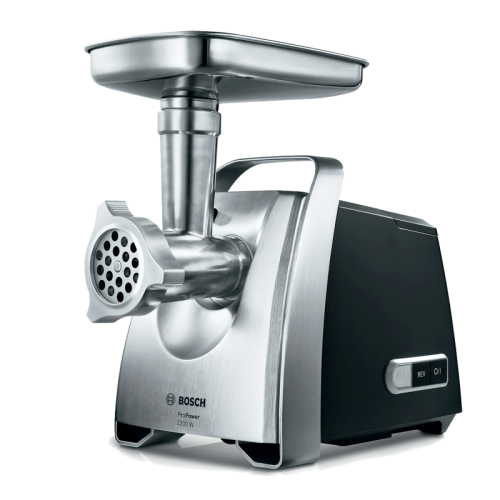Мясорубка BOSCH MFW68640 800/2200Вт, 4.3 кг/мин., черный/метал фронт, реверс, отсек для хран., 3 диска, кебаб