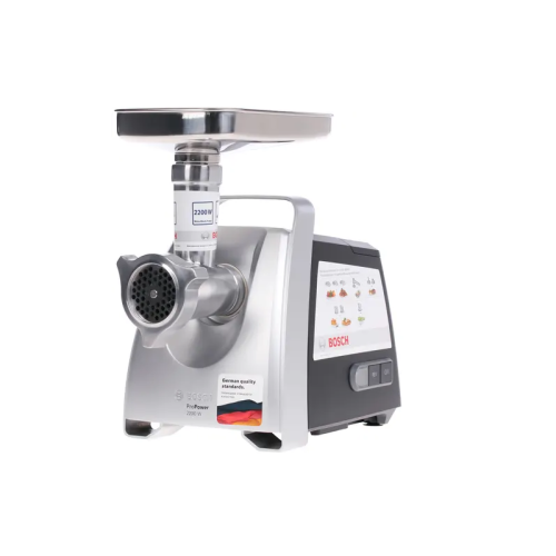 Мясорубка BOSCH MFW68640 800/2200Вт, 4.3 кг/мин., черный/метал фронт, реверс, отсек для хран., 3 диска, кебаб