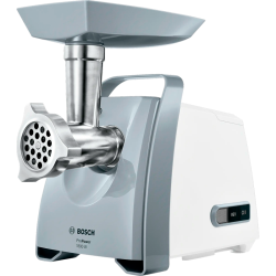 Мясорубка BOSCH MFW66020 600/1800Вт, 3 кг/мин., белый/серый фронт, реверс, отсек для хран., 3 диска, кебаб