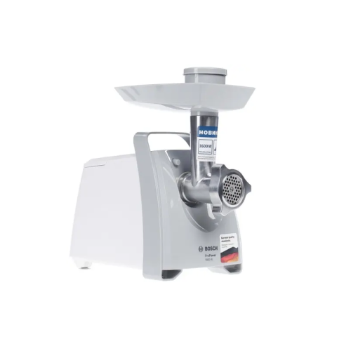 Мясорубка Bosch/ 500/1600Вт, комплект: 2 диска, кебаб, колбаски, цвет: белый/серый фронт Мясорубка Bosch/ 500/1600Вт, комплект: 2 диска, кебаб, колбаски, цвет: белый/серый фронт
