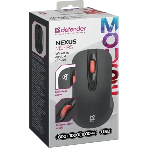 Defender Беспроводная оптическая мышь Nexus MS-195 черный,4 кнопки,800-1600 dpi Defender Беспроводная оптическая мышь Nexus MS-195 черный,4 кнопки,800-1600 dpi