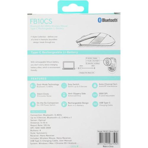 Мышь A4Tech Fstyler FB10CS черный оптическая 2000dpi silent беспров. BT/Radio USB 4but (FB10CS USB STONE BLACK)