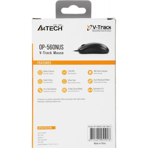 Мышь A4Tech OP-560NUS черный оптическая 1200dpi silent USB 2but