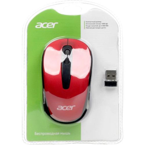Мышь Acer OMR136 красный оптическая 1000dpi беспров. USB для ноутбука 3but (ZL.MCEEE.01J)