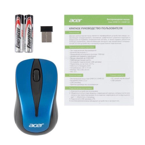 Мышь Acer OMR132 синий/черный оптическая 1000dpi беспров. USB для ноутбука 3but (ZL.MCEEE.01F)