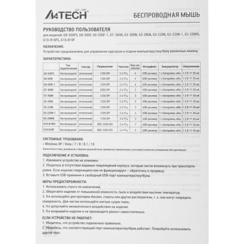 Мышь A4Tech V-Track G3-200NS черный оптическая 1200dpi беспров. USB 3but