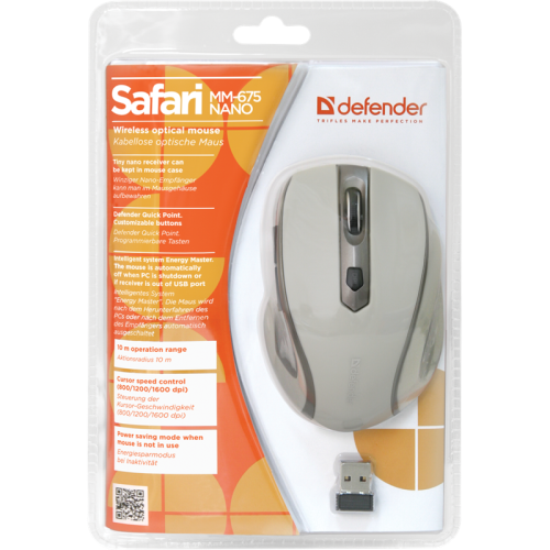 Defender Беспроводная оптическая мышь Safari MM-675 бежевый,6кнопок,800-1600dpi USB