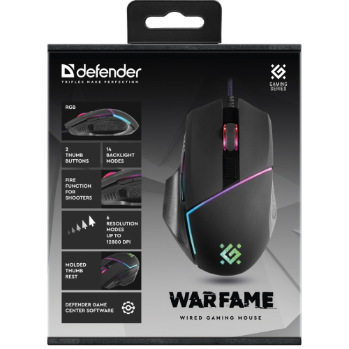 Defender Проводная игровая мышь Warfame GM-880L RGB,8кнопок,12800dpi