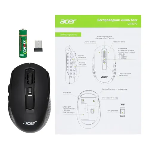 Мышь компьютерная/ Беспроводная мышь Acer OMR070 оптическая (1600dpi) BT/Radio  (6but) black