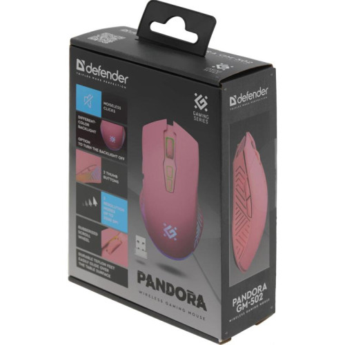 Мышь Defender Pandora GM-502 розовый оптическая 3200dpi silent беспров. USB 6but (52501)
