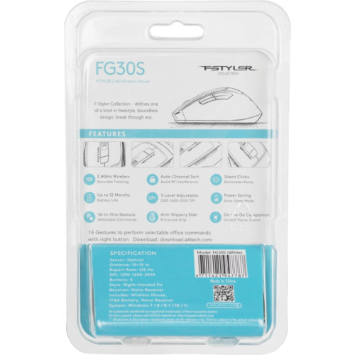 Мышь A4Tech Fstyler FG30S белый/серый оптическая 2000dpi silent беспров. USB 6but (FG30S WHITE)