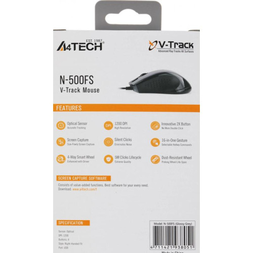Мышь A4Tech V-Track Padless N-500FS черный оптическая 1200dpi silent USB 3but