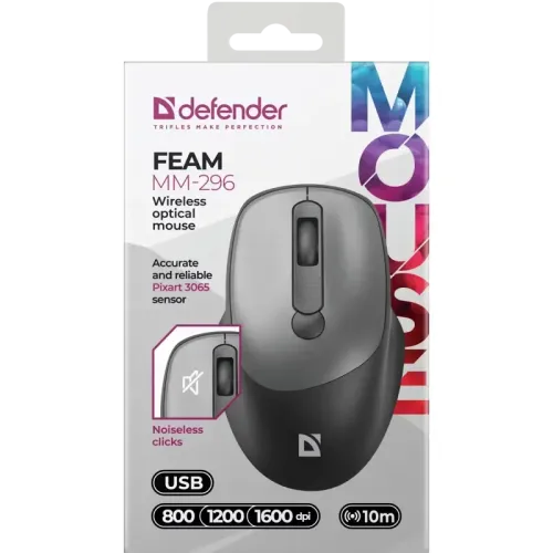 Defender Беспроводная оптическая мышь Feam MM-296 черный,4D,800-1600dpi,бесшумн Defender Беспроводная оптическая мышь Feam MM-296 черный,4D,800-1600dpi,бесшумн