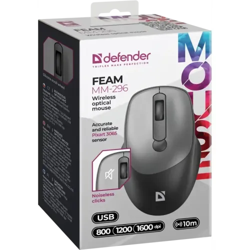 Defender Беспроводная оптическая мышь Feam MM-296 черный,4D,800-1600dpi,бесшумн Defender Беспроводная оптическая мышь Feam MM-296 черный,4D,800-1600dpi,бесшумн