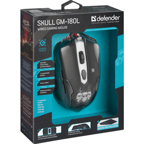 Defender Проводная игровая мышь Skull GM-180L оптика,6кнопок,800-3200dpi Defender Проводная игровая мышь Skull GM-180L оптика,6кнопок,800-3200dpi