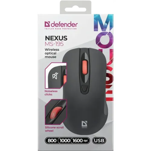 Defender Беспроводная оптическая мышь Nexus MS-195 черный,4 кнопки,800-1600 dpi Defender Беспроводная оптическая мышь Nexus MS-195 черный,4 кнопки,800-1600 dpi