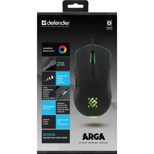 Defender Проводная игровая мышь Arga GM-049 черн,радуж,6кн,3600dpi,+ковер Defender Проводная игровая мышь Arga GM-049 черн,радуж,6кн,3600dpi,+ковер