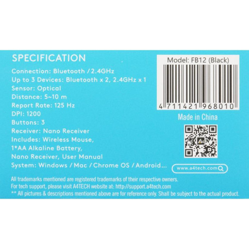 Мышь A4Tech Fstyler FB12 черный оптическая 1200dpi беспров. BT/Radio USB 3but (FB12 BLACK)