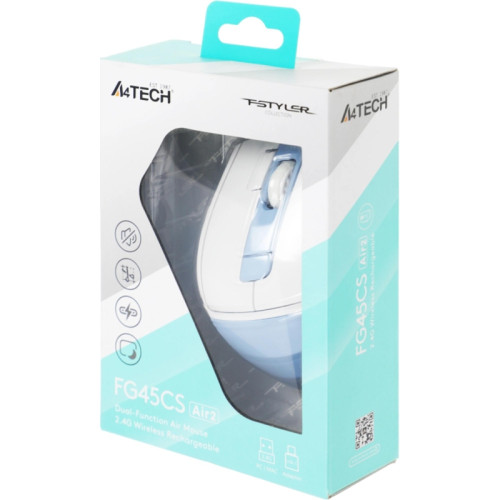 Мышь A4Tech Fstyler FG45CS Air2 голубой/белый оптическая 2000dpi silent беспров. USB для ноутбука 7but (FG45CS AIR2 USB (ICY BLUE))
