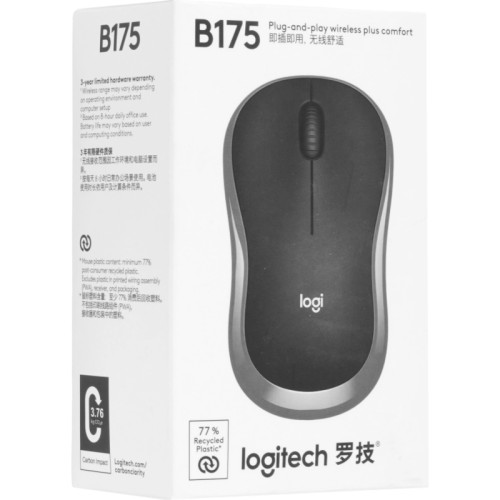 Мышь Logitech B175 черный оптическая 1000dpi беспров. USB для ноутбука 2but (910-004332)