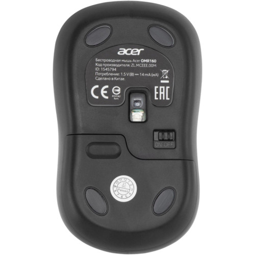 Мышь Acer OMR160 черный оптическая 1200dpi беспров. USB 3but (ZL.MCEEE.00M)
