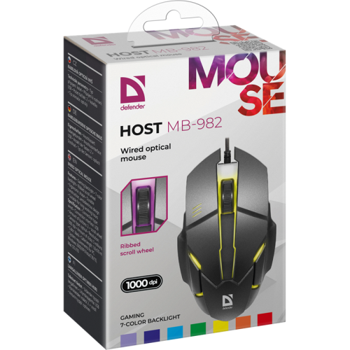 Defender Проводная оптическая мышь Host MB-982 7цветов,1000 dpi,черный Defender Проводная оптическая мышь Host MB-982 7цветов,1000 dpi,черный