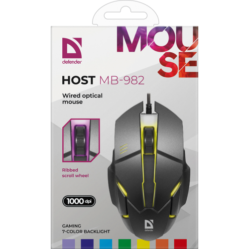 Defender Проводная оптическая мышь Host MB-982 7цветов,1000 dpi,черный Defender Проводная оптическая мышь Host MB-982 7цветов,1000 dpi,черный