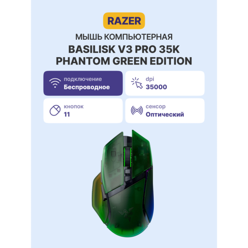 Игровая мышь Razer Basilisk V3 Pro 35K - Phantom Green Ed. Mouse/ Razer Basilisk V3 Pro 35K - Phantom Green Ed. Игровая мышь Razer Basilisk V3 Pro 35K - Phantom Green Ed. Mouse/ Razer Basilisk V3 Pro 35K - Phantom Green Ed.