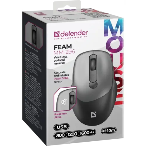 Defender Беспроводная оптическая мышь Feam MM-296 черный,4D,800-1600dpi,бесшумн