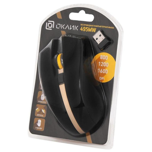Мышь Oklick 495MW черный/золотистый оптическая 1600dpi беспров. USB для ноутбука 6but (998168)