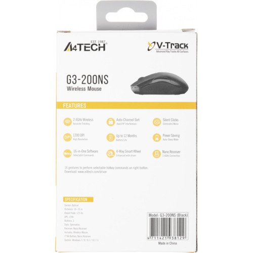 Мышь A4Tech V-Track G3-200NS черный оптическая 1200dpi беспров. USB 3but Мышь A4Tech V-Track G3-200NS черный оптическая 1200dpi беспров. USB 3but