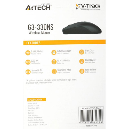 Мышь A4Tech G3-330NS черный оптическая 1200dpi silent беспров. USB 3but