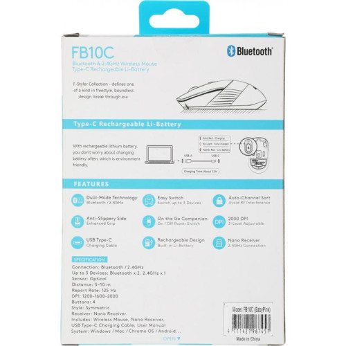 Мышь A4Tech Fstyler FB10C розовый оптическая 2000dpi беспров. BT/Radio USB 4but (FB10C BABY PINK)