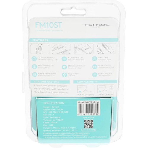 Мышь A4Tech Fstyler FM10ST серый/черный оптическая 1600dpi silent USB для ноутбука 3but (FM10ST GREY)