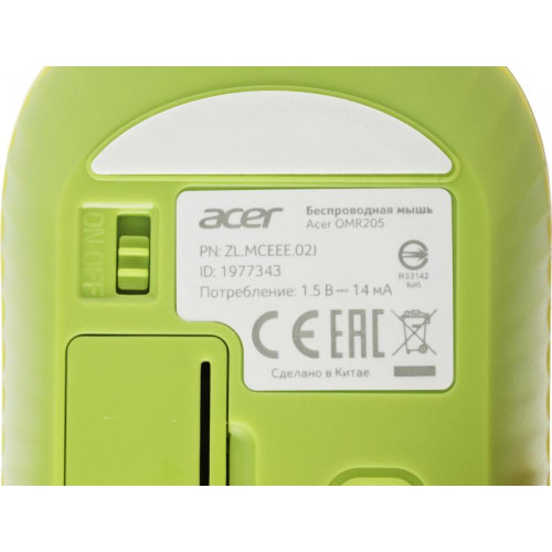 Мышь Acer OMR205 зеленый/желтый оптическая 1200dpi беспров. USB для ноутбука 3but (ZL.MCEEE.02J)