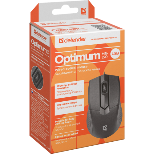 Defender Проводная оптическая мышь Optimum MB-270 черный,3 кнопки,1000 dpi Defender Проводная оптическая мышь Optimum MB-270 черный,3 кнопки,1000 dpi